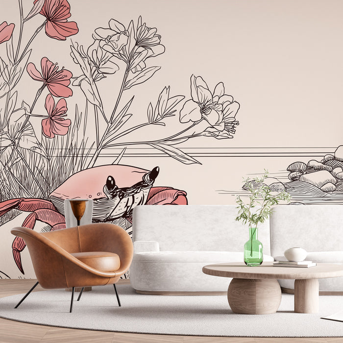 Une pièce moderne avec un papier peint illustrant des fleurs délicates et un crabe stylisé sur fond beige, créant une ambiance artistique et naturelle.