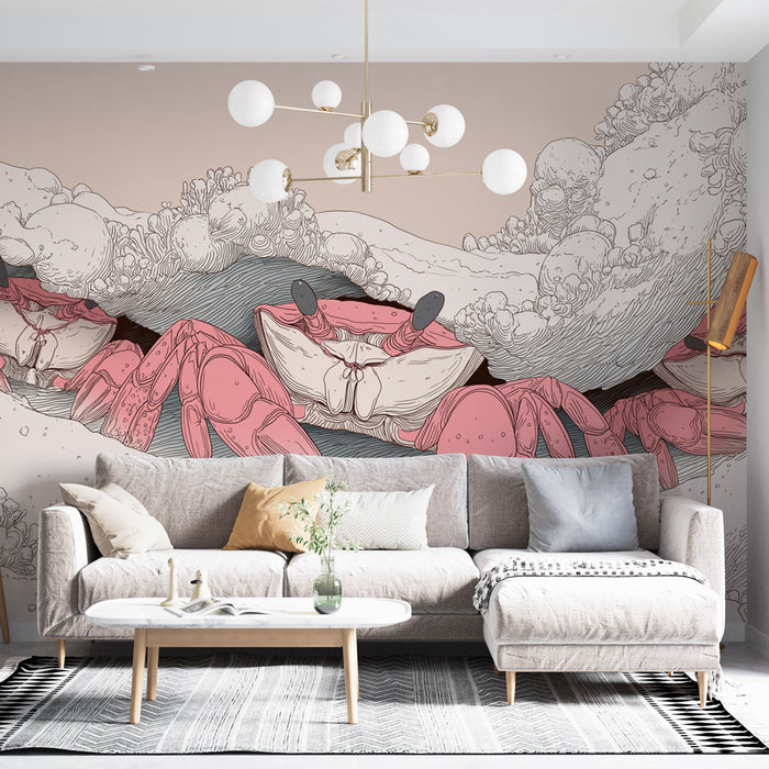 Un salon moderne avec un papier peint illustratif représentant des crabes roses sur un fond beige, créant une ambiance marine et artistique.