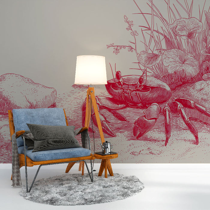 Une pièce moderne avec un papier peint illustrant un crabe en rouge sur fond gris, créant une atmosphère artistique et marine.