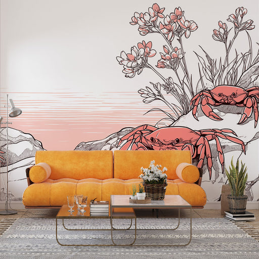 Une pièce moderne avec un papier peint illustratif représentant des crabes et des fleurs sur fond dégradé rose, créant une ambiance marine et artistique.
