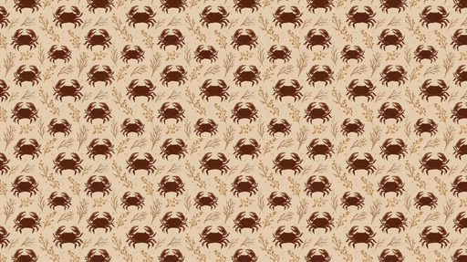 Papier peint crabe Motif de crabes brun sur fond beige avec des herbes délicates