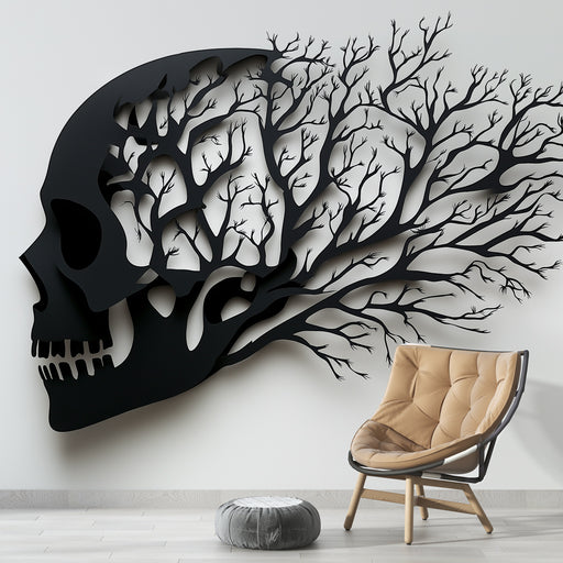 Papier peint artistique avec silhouette de crâne et branches pour décoration murale moderne