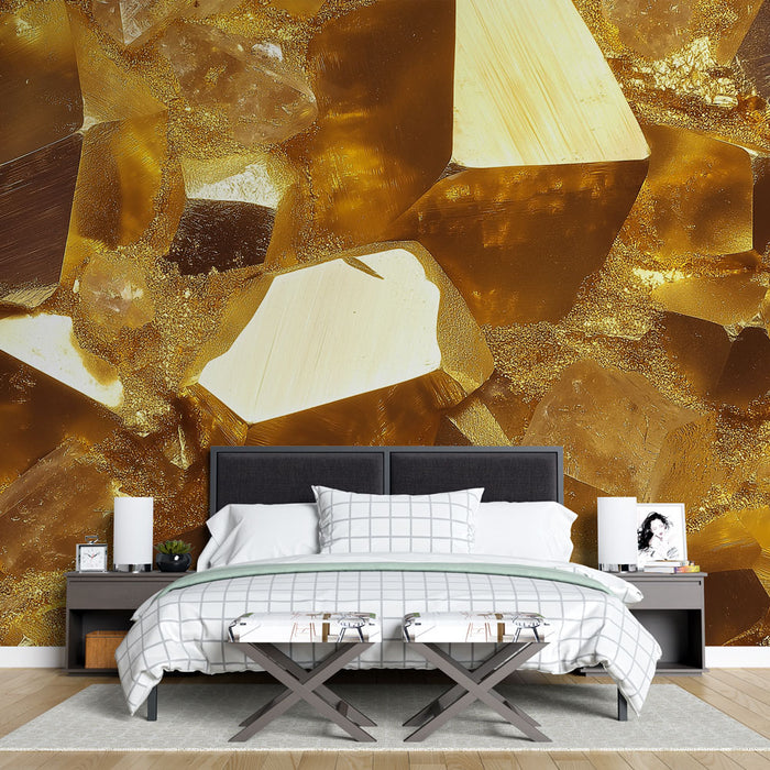 Papier peint cristaux dorés avec éclats de minéraux brillants pour chambre moderne