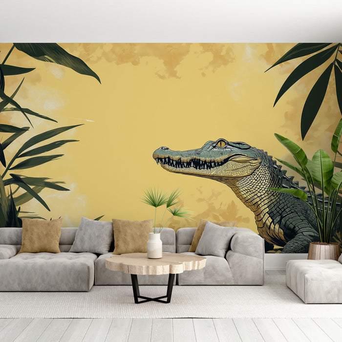 Une salle de séjour moderne avec un papier peint illustrant un crocodile sur fond jaune, entouré de feuillages tropicaux, créant une ambiance vivante et exotique.