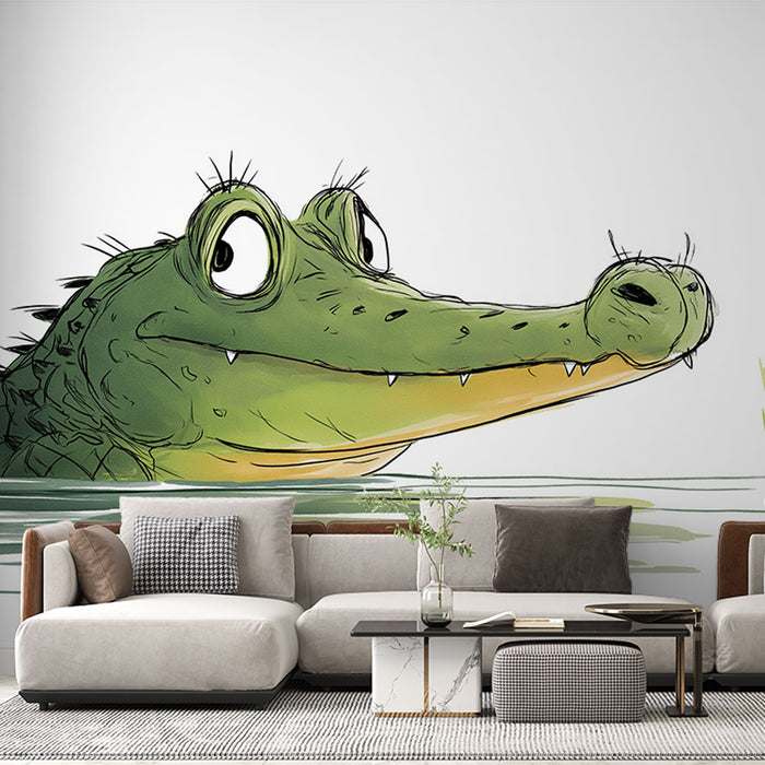 Un salon moderne avec un papier peint illustrant un crocodile au style cartoon, dégageant une ambiance ludique et chaleureuse.
