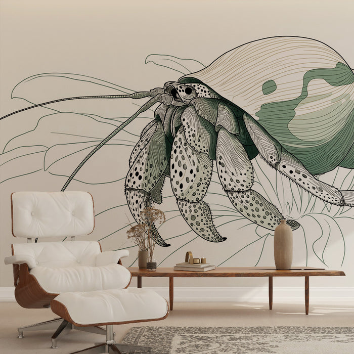 Une pièce de vie moderne avec un papier peint illustrant un crustacé stylisé aux traits fins et aux teintes vertes, créant une ambiance artistique et originale.