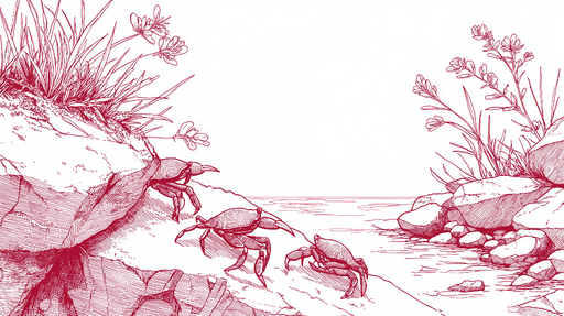 Papier peint crustacés Éléments marins illustrés avec des crabes et des fleurs sauvages