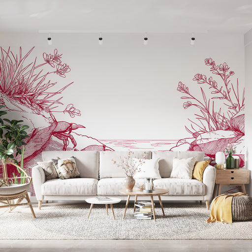 Un salon contemporain avec un papier peint illustrant des motifs floraux et rocheux en rouge sur fond blanc, créant une atmosphère artistique et apaisante.