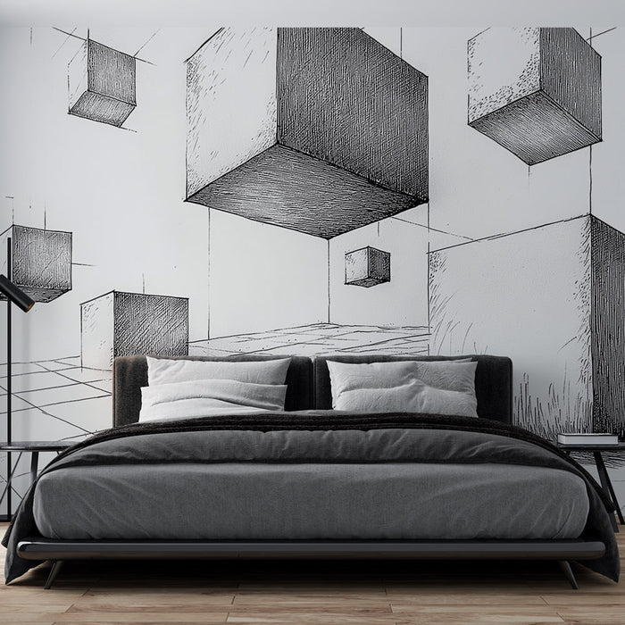 Papier peint monochrome avec cubes flottants pour une illusion d'espace dans une chambre moderne