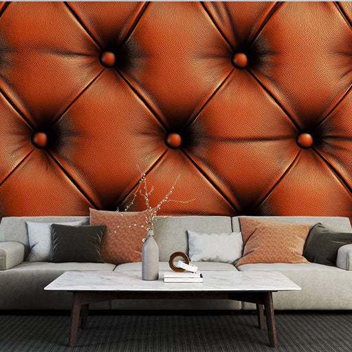 Papier peint cuir matelassé orange avec boutons décoratifs pour salon élégant