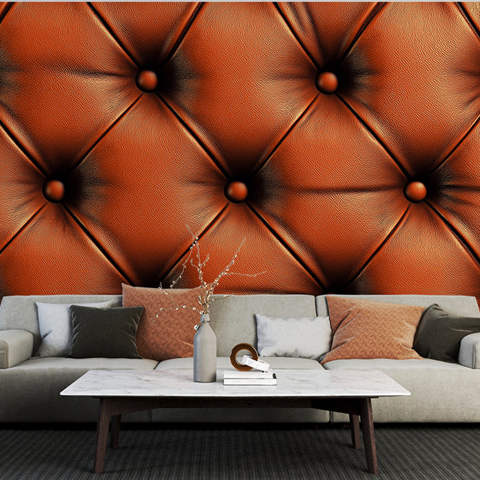 Papier peint cuir matelassé orange avec boutons décoratifs pour salon élégant
