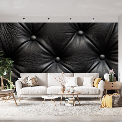 Papier peint cuir noir capitonné avec textures élégantes pour un salon au style intemporel