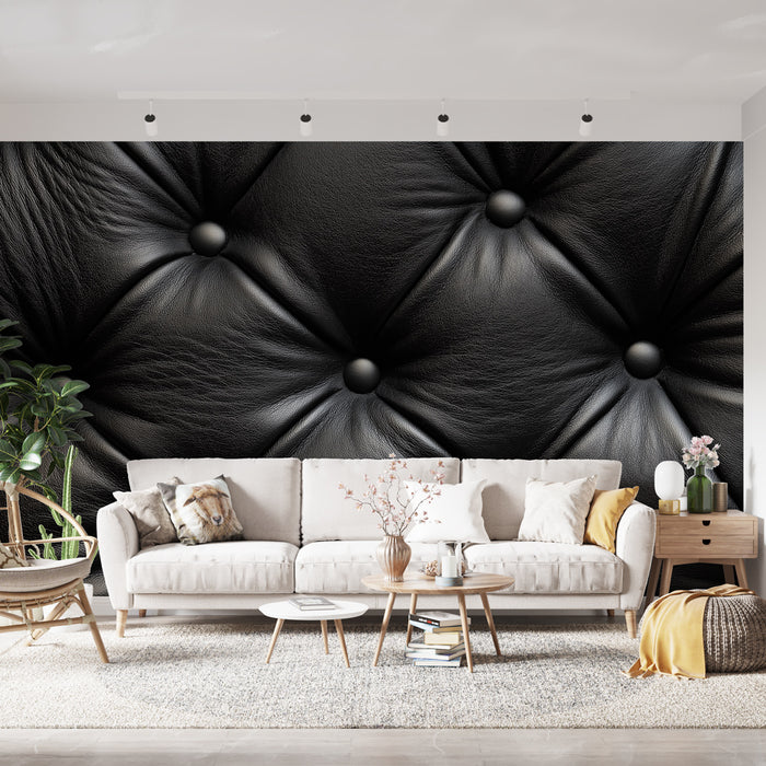 Papier peint cuir noir capitonné avec textures élégantes pour un salon au style intemporel
