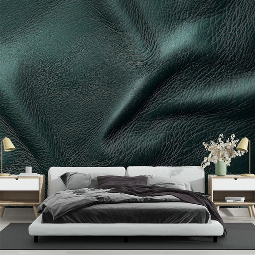 Papier peint vert foncé effet cuir avec texture élégante et brillante pour chambre moderne