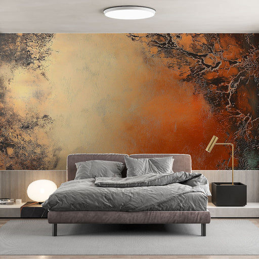 Papier peint cuivre et or avec motif texturé aux reflets métalliques pour chambre moderne