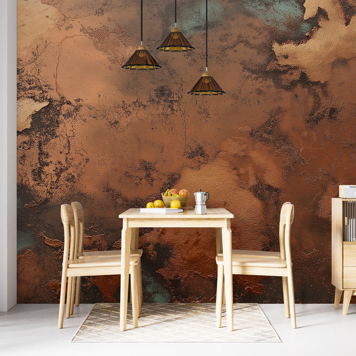 Papier peint cuivre avec motif texturé aux accents métalliques et patinés pour salle à manger moderne.