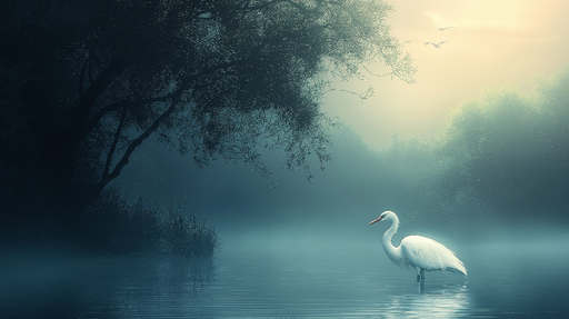 Papier peint cygne dans la brume Silhouette d'un cygne blanc élégant au bord de l'eau dans une ambiance brumeuse