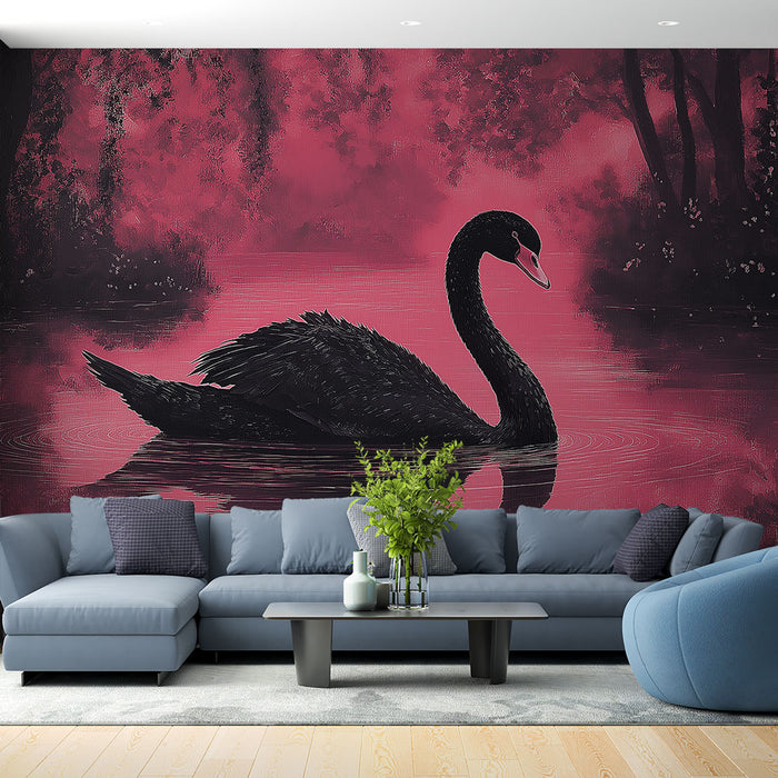 Un salon moderne avec un papier peint représentant un cygne noir majestueux sur un fond rose, créant une ambiance artistique et élégante.