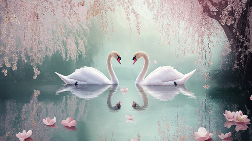 Papier peint cygnes Duo de cygnes élégants au bord d'un lac paisible