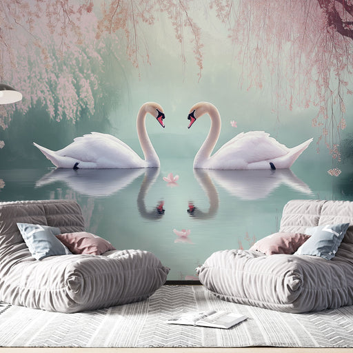 Une pièce moderne avec un papier peint représentant deux cygnes majestueux se reflétant dans une eau calme, entourés de fleurs délicates et d'une ambiance sereine.