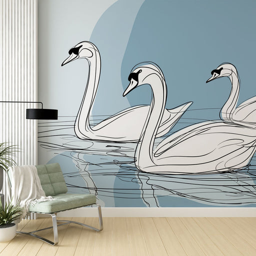 Un salon moderne avec un papier peint illustrant des cygnes en contours noirs sur un fond bleu apaisant, créant une atmosphère élégante et sereine.