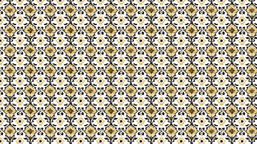 Papier peint damassé Motifs floraux dorés et noirs sur fond blanc