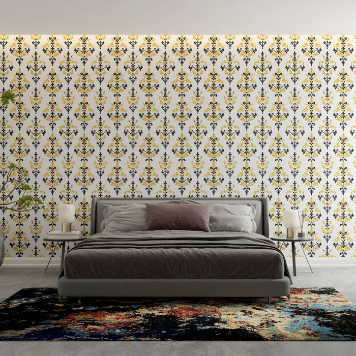 Une chambre moderne avec un papier peint à motifs floraux jaunes et noirs sur fond blanc, créant une ambiance élégante et chaleureuse.