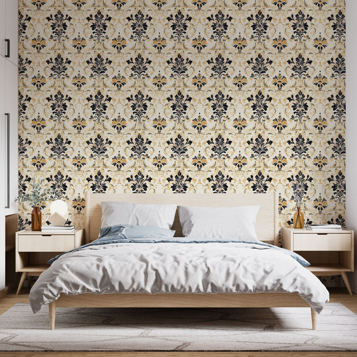 Une chambre moderne avec un papier peint damassé aux motifs noirs et dorés sur fond crème, créant une atmosphère élégante et chaleureuse.