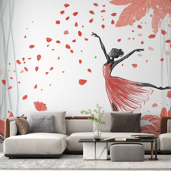 Un salon élégant avec un papier peint artistique représentant une danseuse en robe rouge entourée de pétales et de feuillages, créant une atmosphère dynamique et poétique.