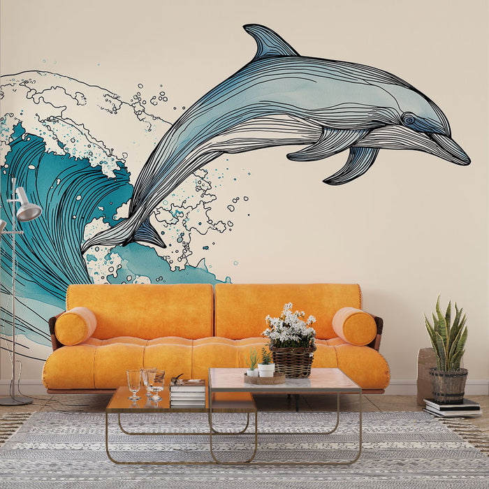 Un salon moderne avec un papier peint illustrant un dauphin en mouvement au-dessus de vagues stylisées dans des teintes bleu et turquoise, créant une ambiance dynamique et marine.