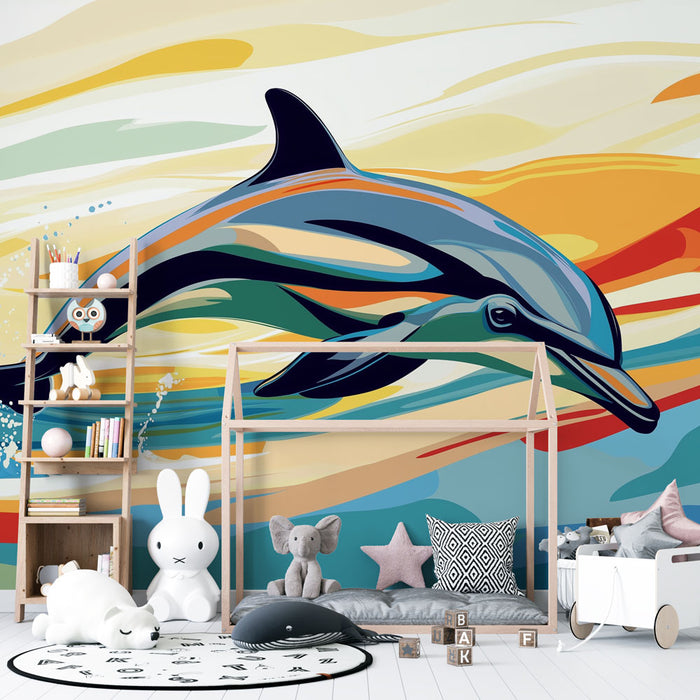 Papier peint dauphin | Un dauphin vibrant nageant dans des eaux colorées