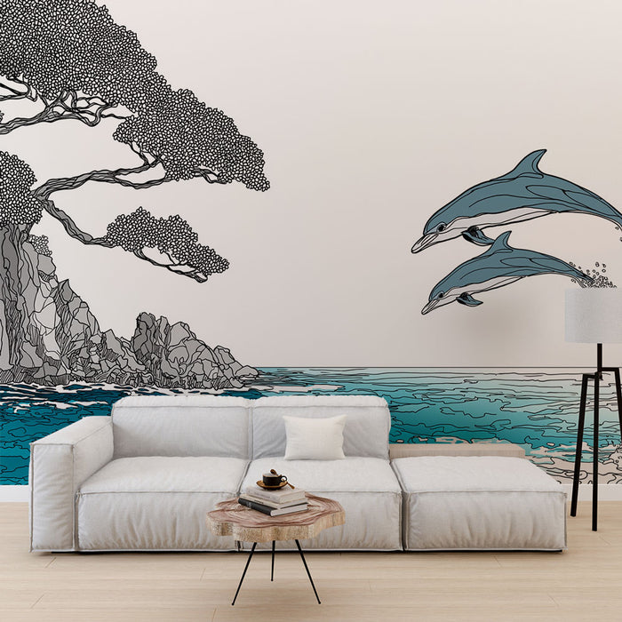 Une pièce moderne avec un papier peint illustrant des dauphins sautant au-dessus d'une mer turquoise, entourés de rochers et d'un arbre stylisé, créant une ambiance apaisante et naturelle.
