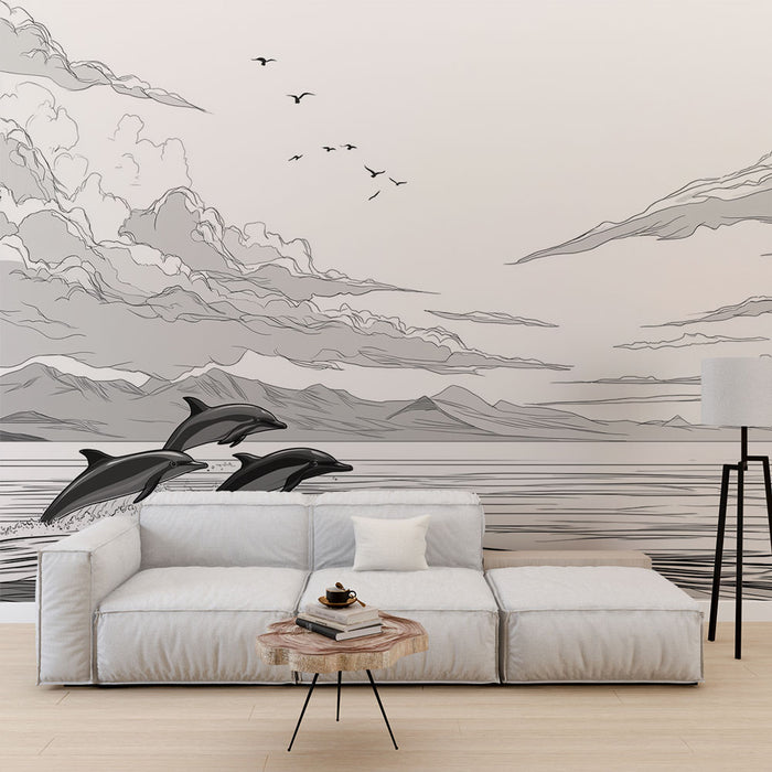 Un salon moderne avec un papier peint représentant des dauphins en mouvement sur fond de paysage marin stylisé en noir et blanc, créant une ambiance apaisante et artistique.