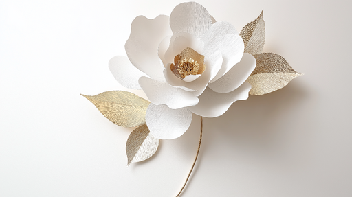 Papier peint décoration murale fleur Élégante fleur en papier blanc avec feuilles dorées