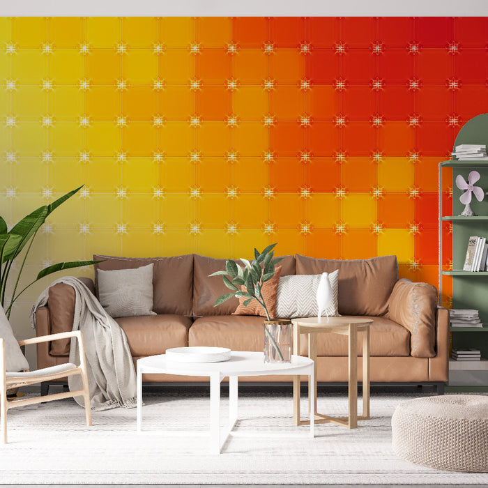 Un salon lumineux avec un papier peint dégradé jaune et orange, aux motifs géométriques évoquant une ambiance chaleureuse et dynamique.