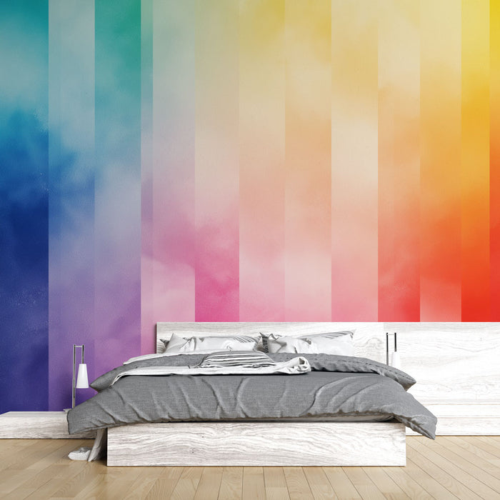 Une chambre moderne avec un papier peint dégradé aux teintes pastel, allant du bleu au rose, créant une ambiance douce et apaisante.