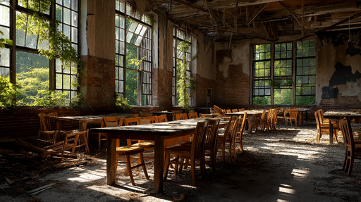 Papier peint dégradé naturel Salle abandonnée avec une lumière douce et des plantes grimpantes