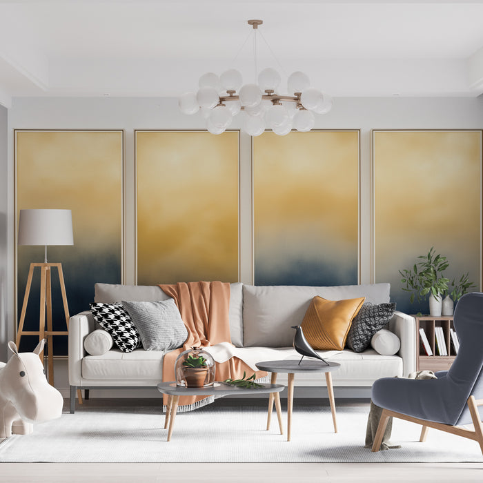 Un salon moderne avec un papier peint dégradé aux teintes dorées et bleues, créant une ambiance chaleureuse et apaisante.