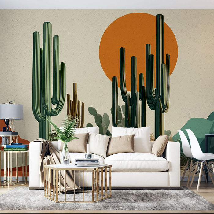 Un salon moderne avec un papier peint représentant des cactus stylisés sur fond beige, agrémenté d'un grand soleil orange, créant une ambiance chaleureuse et accueillante.