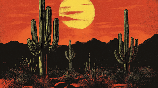 Papier peint désert Cactus en silhouette sous un soleil couchant vibrant