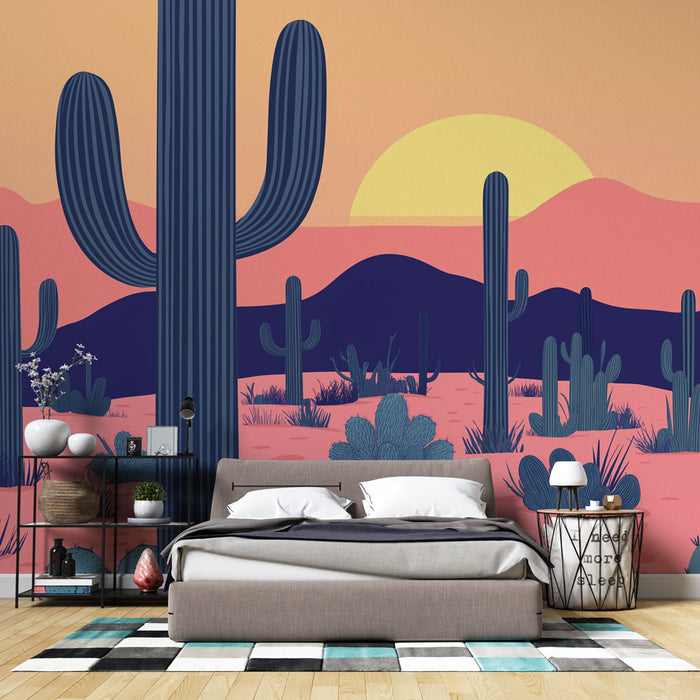 Papier peint désert | Cactus stylisés au coucher de soleil