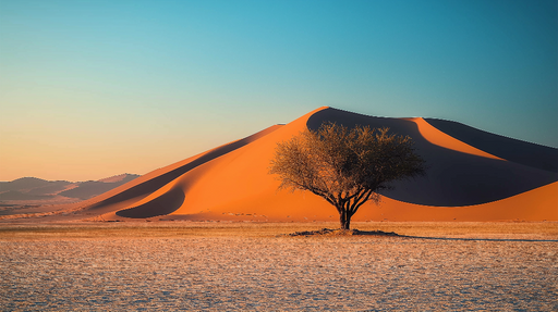 Papier peint désert doré Dunes de sable et arbre solitaire au coucher de soleil