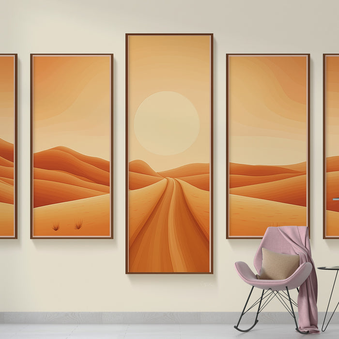 Une pièce moderne avec un papier peint illustrant des dunes de sable en dégradés de couleurs orangées, créant une atmosphère chaleureuse et apaisante.