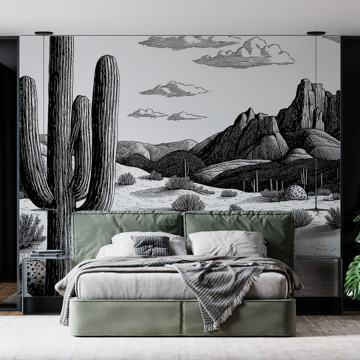 Papier peint désert | Illustration monochrome de paysage désertique avec cactus