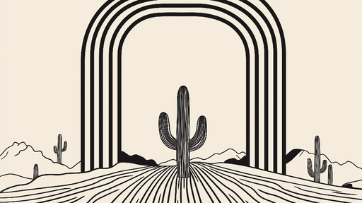 Papier peint désert minimaliste Graphisme de cactus et arcs-en-ciel