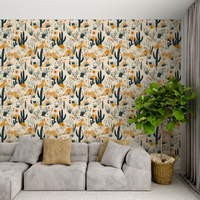 Un salon contemporain avec un papier peint tropical aux motifs de cactus et de fleurs colorées sur fond clair, créant une atmosphère vivante et chaleureuse.