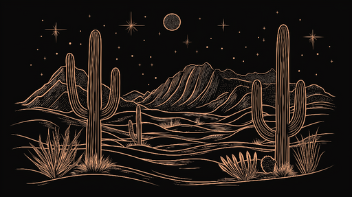 Papier peint désert nocturne Paysage stylisé de cactus sous un ciel étoilé