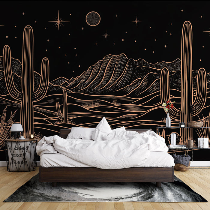 Papier peint désert nocturne | Paysage stylisé de cactus sous un ciel étoilé