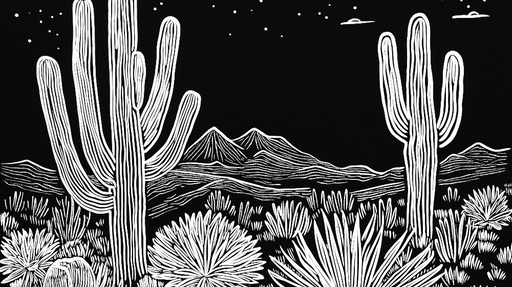Papier peint désert noir et blanc Motif de cactus et montagne stylisé
