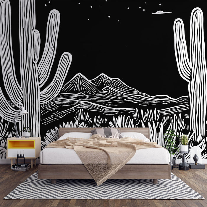 Papier peint désert noir et blanc | Motif de cactus et montagne stylisé